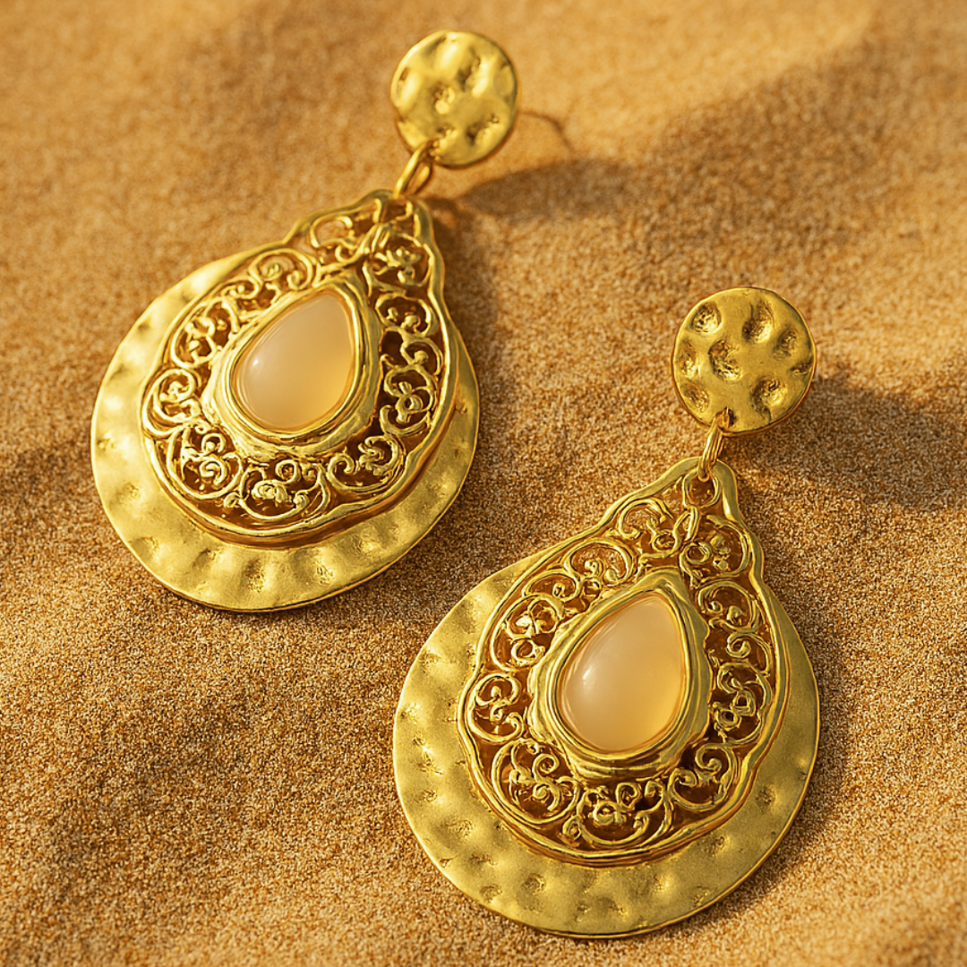 Boucles d'oreilles IMPERATRICE - Pierres précieuses opales naturelles et acier inoxydable plaqué or