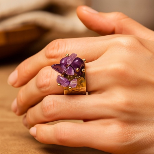 Bague OCEANE violet - Améthyste naturelle et acier inoxydable plaqué or