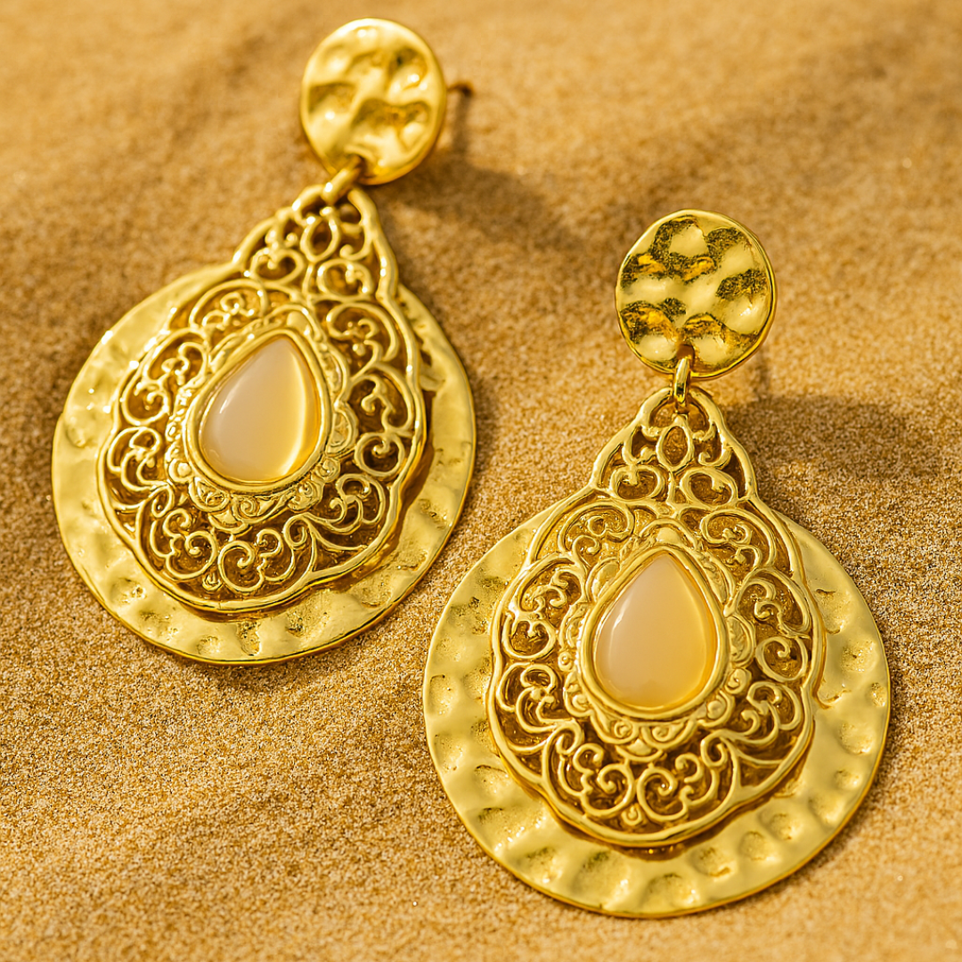 Boucles d'oreilles IMPERATRICE - Pierres précieuses opales naturelles et acier inoxydable plaqué or