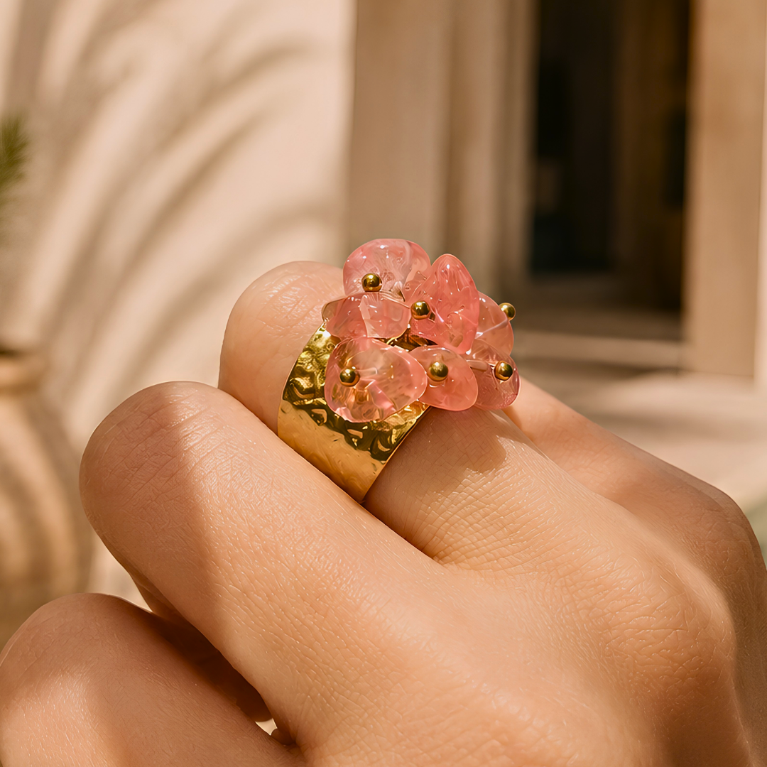 Bague OCÉANE ROSE : Quartz naturel et acier inoxydable plaqué or