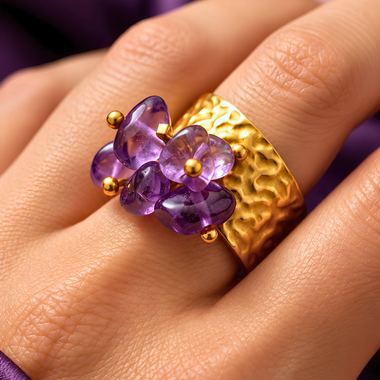 Bague OCEANE violet - Améthyste naturelle et acier inoxydable plaqué or