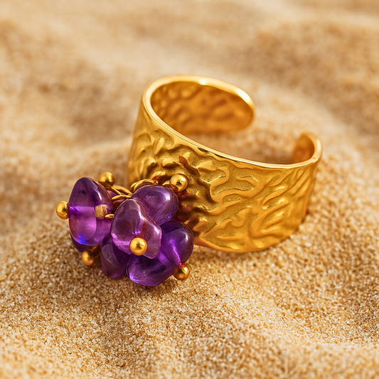 Bague OCEANE violet - Améthyste naturelle et acier inoxydable plaqué or