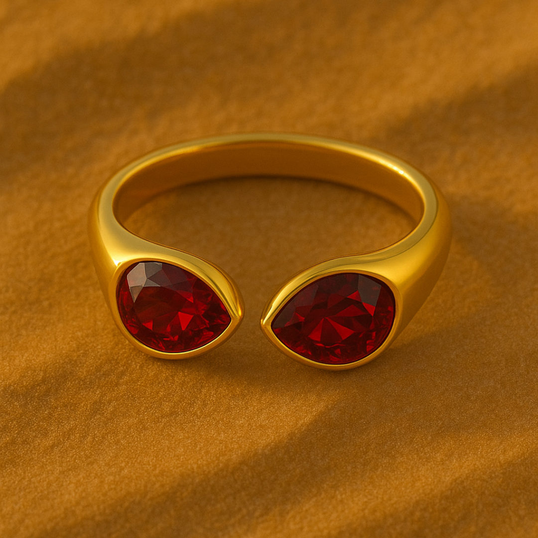 Bague ZIRCONA rouge - Acier inoxydable plaqué or et zircons naturels