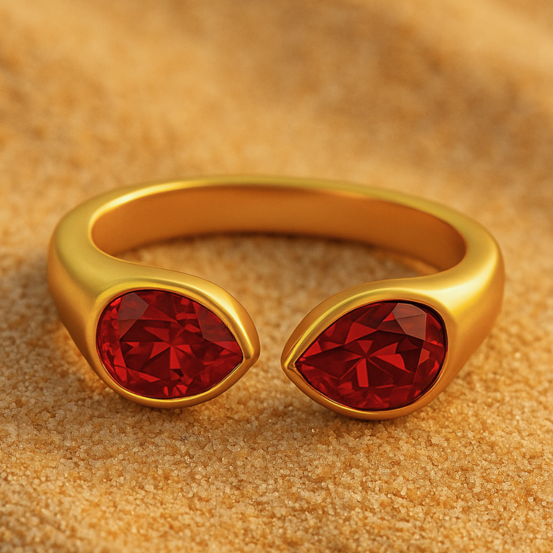 Bague ZIRCONA rouge - Acier inoxydable plaqué or et zircons naturels