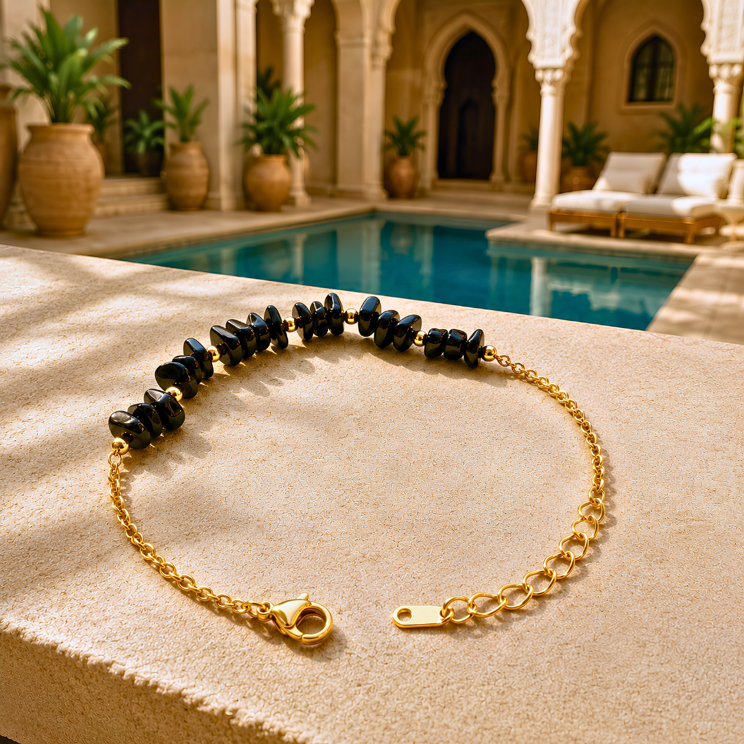 Bracelet SIRENE noir - Obsidienne et acier inoxydable plaqué or