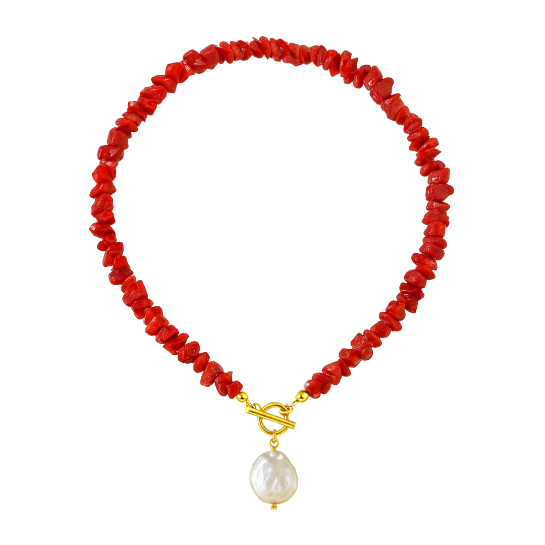 Collier OCEANE rouge - Perle d'eau douce et pierres brutes naturelles
