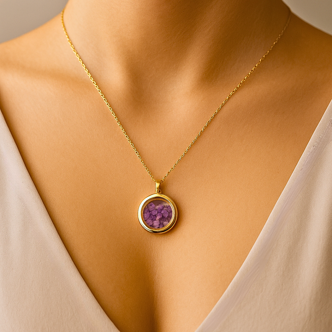Collier MINERAL violet - Améthyste naturelle et acier inoxydable plaqué or