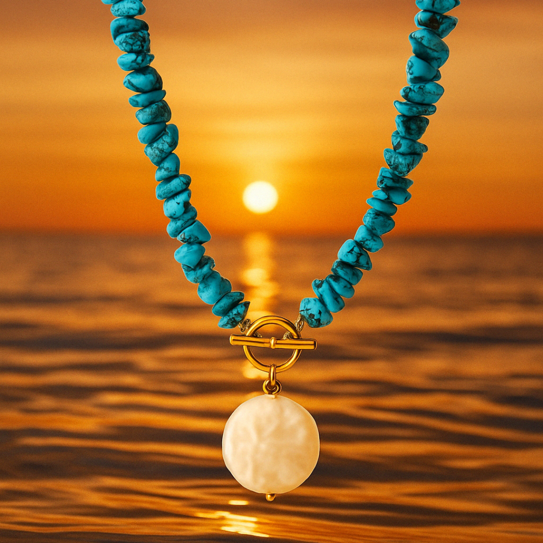 Collier OCEANE bleu - Perle d'eau douce et pierres de corail brutes naturelles