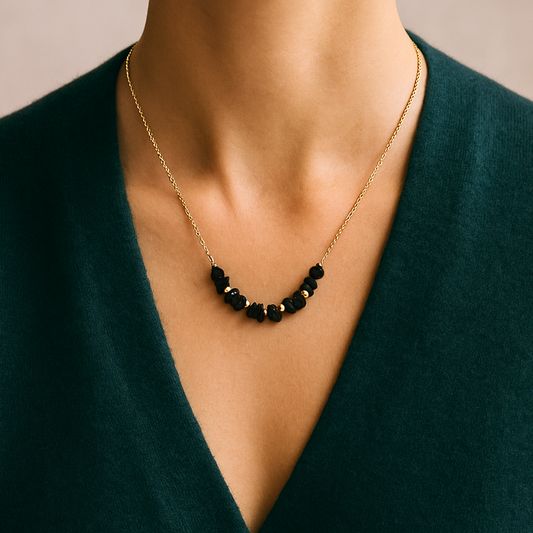Collier SIRENE noir - Obsidienne naturelle et acier inoxydable plaqué or