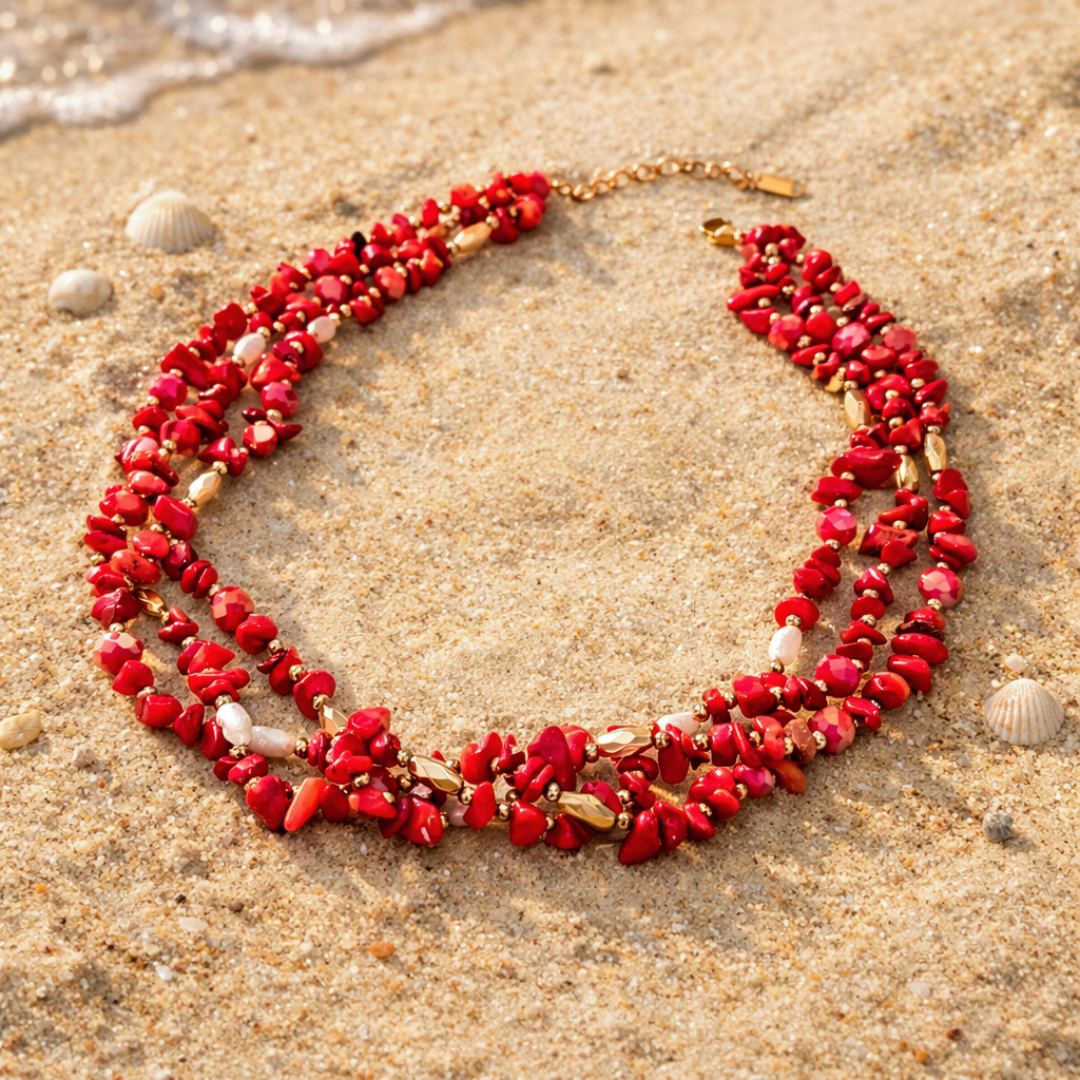 Collier VENUS rouge - Corail naturel et acier inoxydable plaqué or