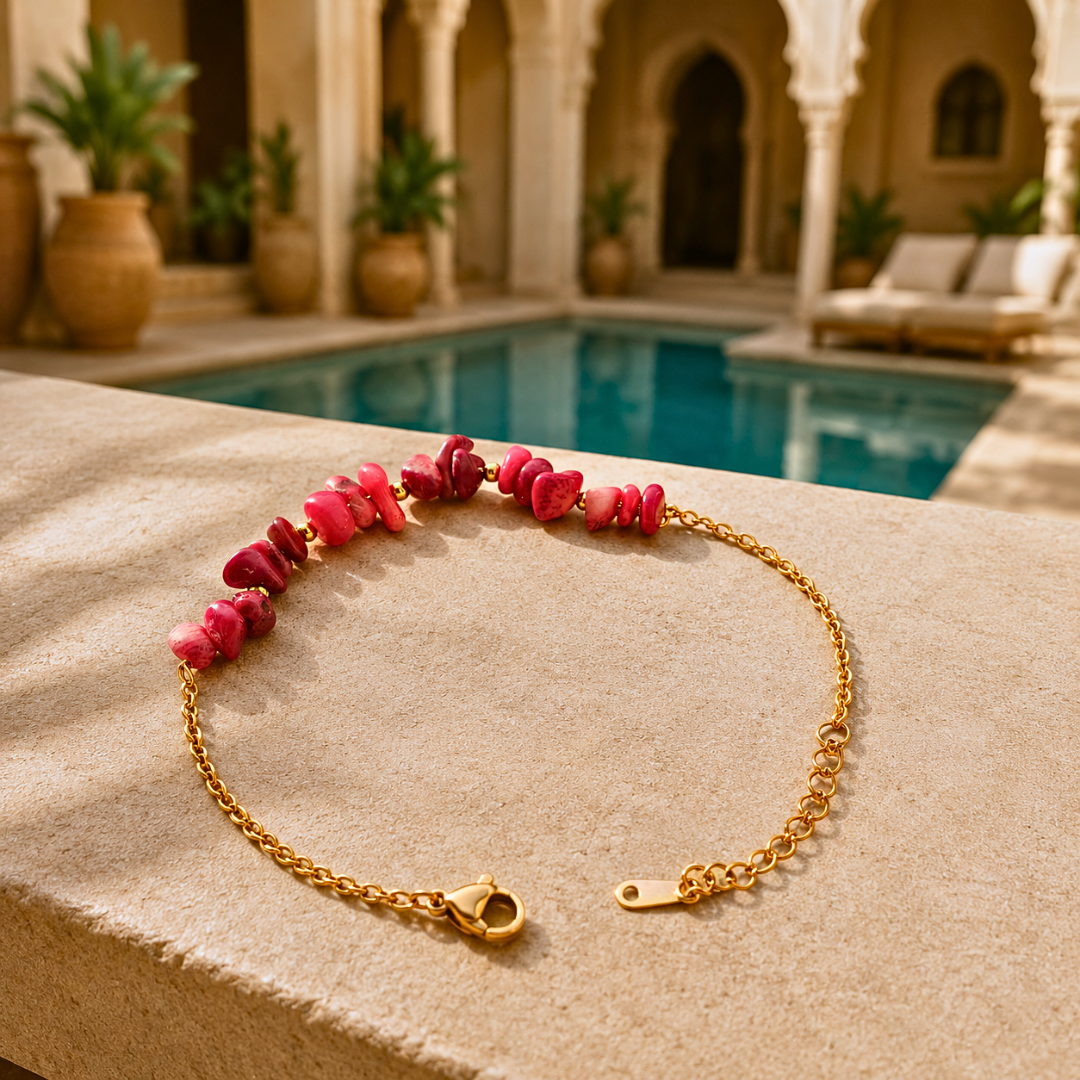 Bracelet SIRENE rouge - Corail naturel et acier inoxydable plaqué or