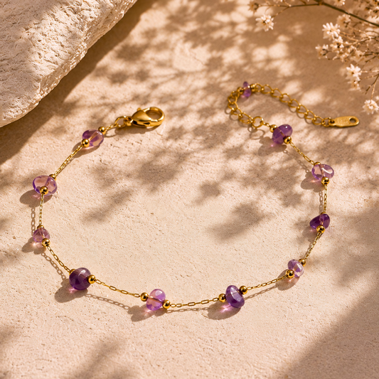 Bracelet PURE violine - Améthyste et acier inoxydable plaqué or