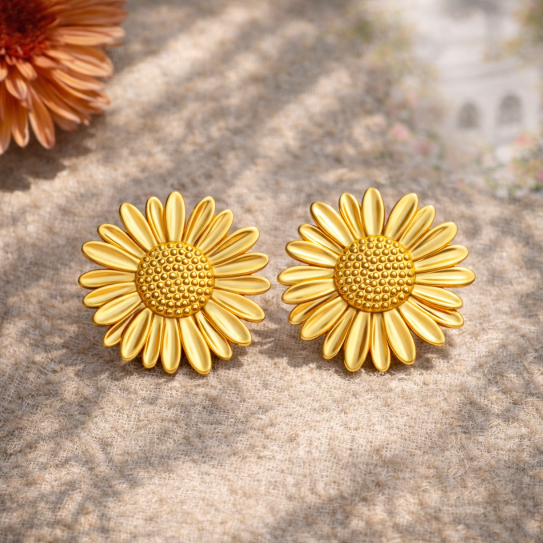 Boucles d'oreilles TOURNESOL - Bijou floral inoxydable plaqué or