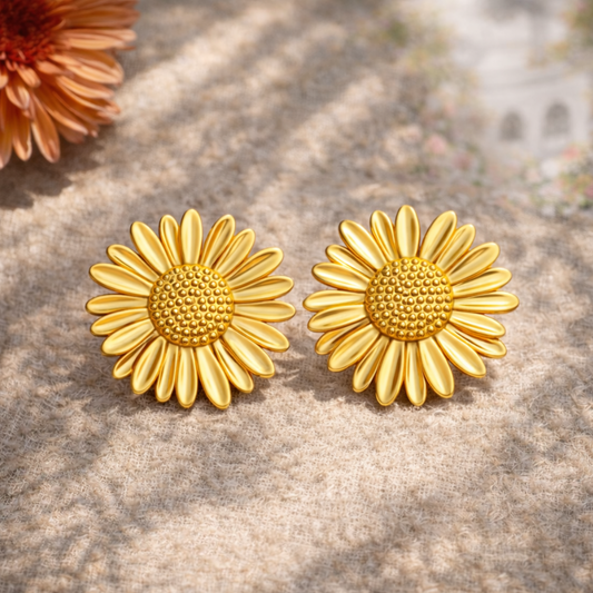 Boucles d'oreilles TOURNESOL - Motif floral inoxydable plaqué or