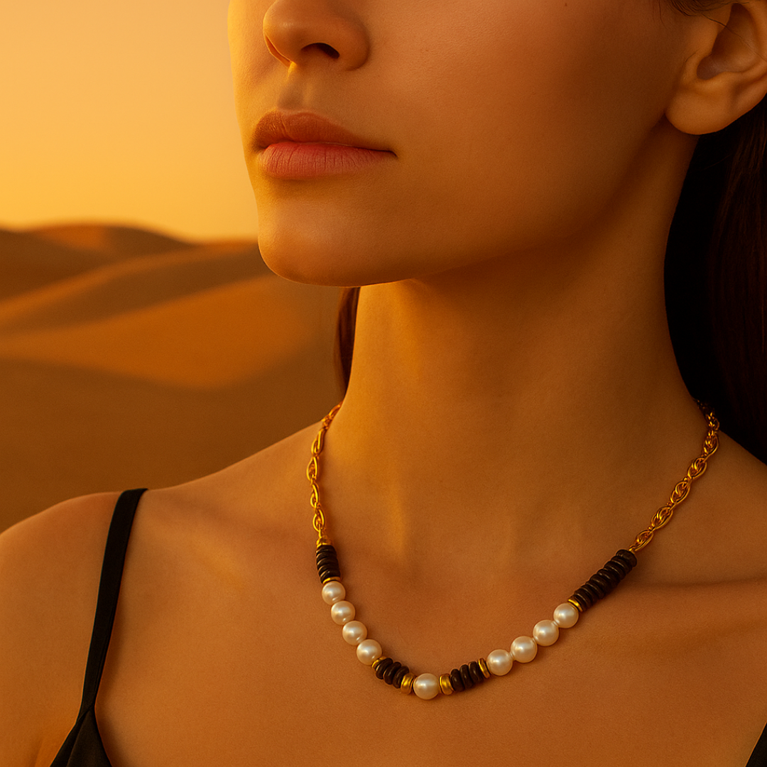 Collier TRIOMPHE - Pierres précieuses œil de tigre et perles d'eau douce