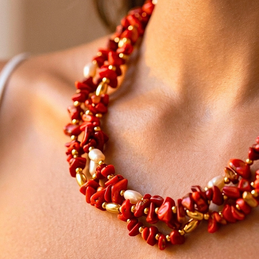 Collier VENUS rouge - Corail naturel et acier inoxydable plaqué or
