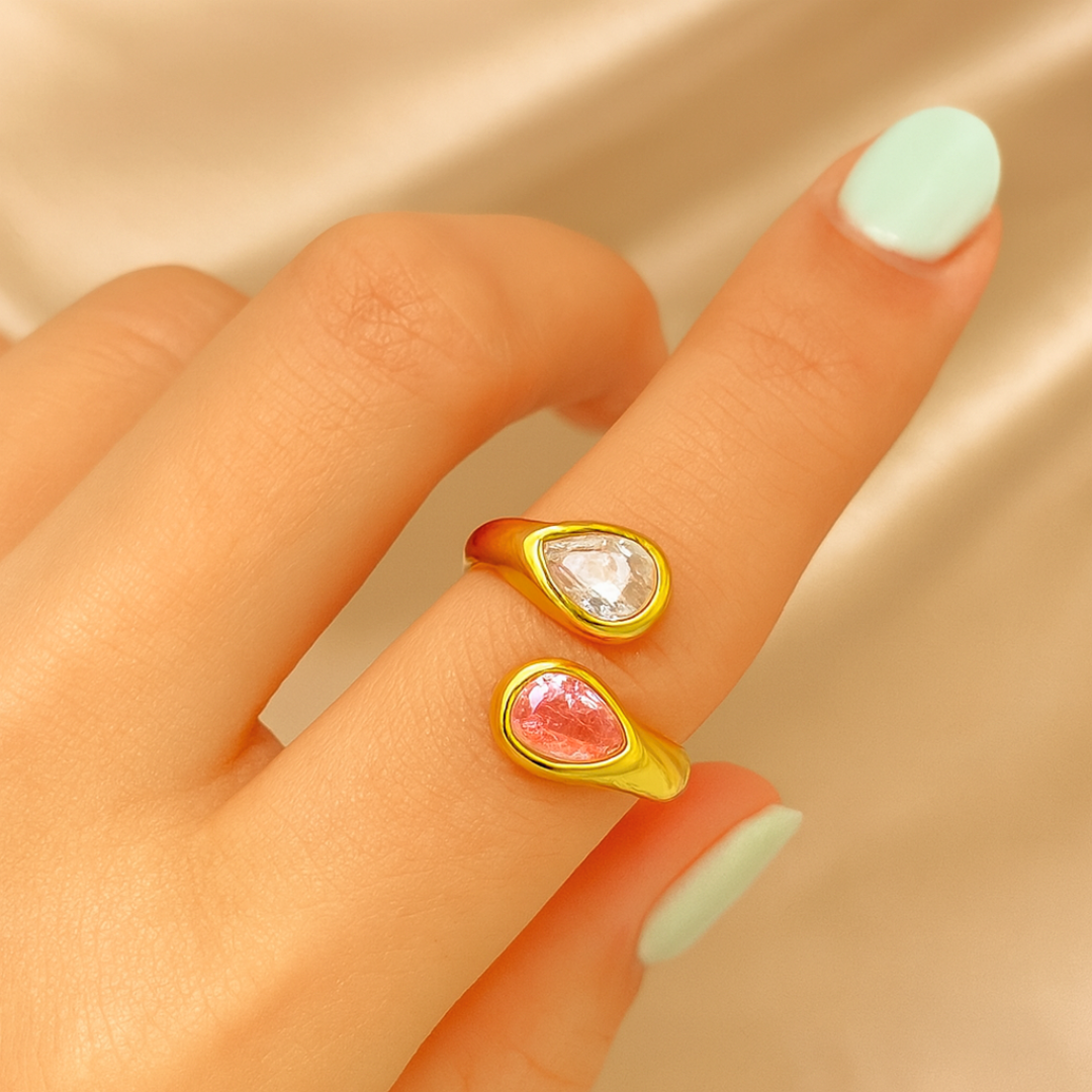 Bague ZIRCONA duo - Titane inoxydable plaqué or et zircons naturels