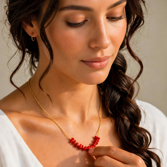 Collier SIRENE rouge - Corail véritable et acier inoxydable plaqué or