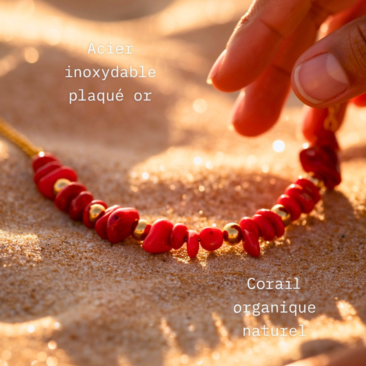 Collier SIRENE rouge - Corail naturel et acier inoxydable doré à l'or