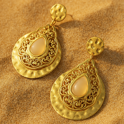 Boucles d'oreilles IMPERATRICE - Pierres précieuses opales naturelles et acier inoxydable plaqué or