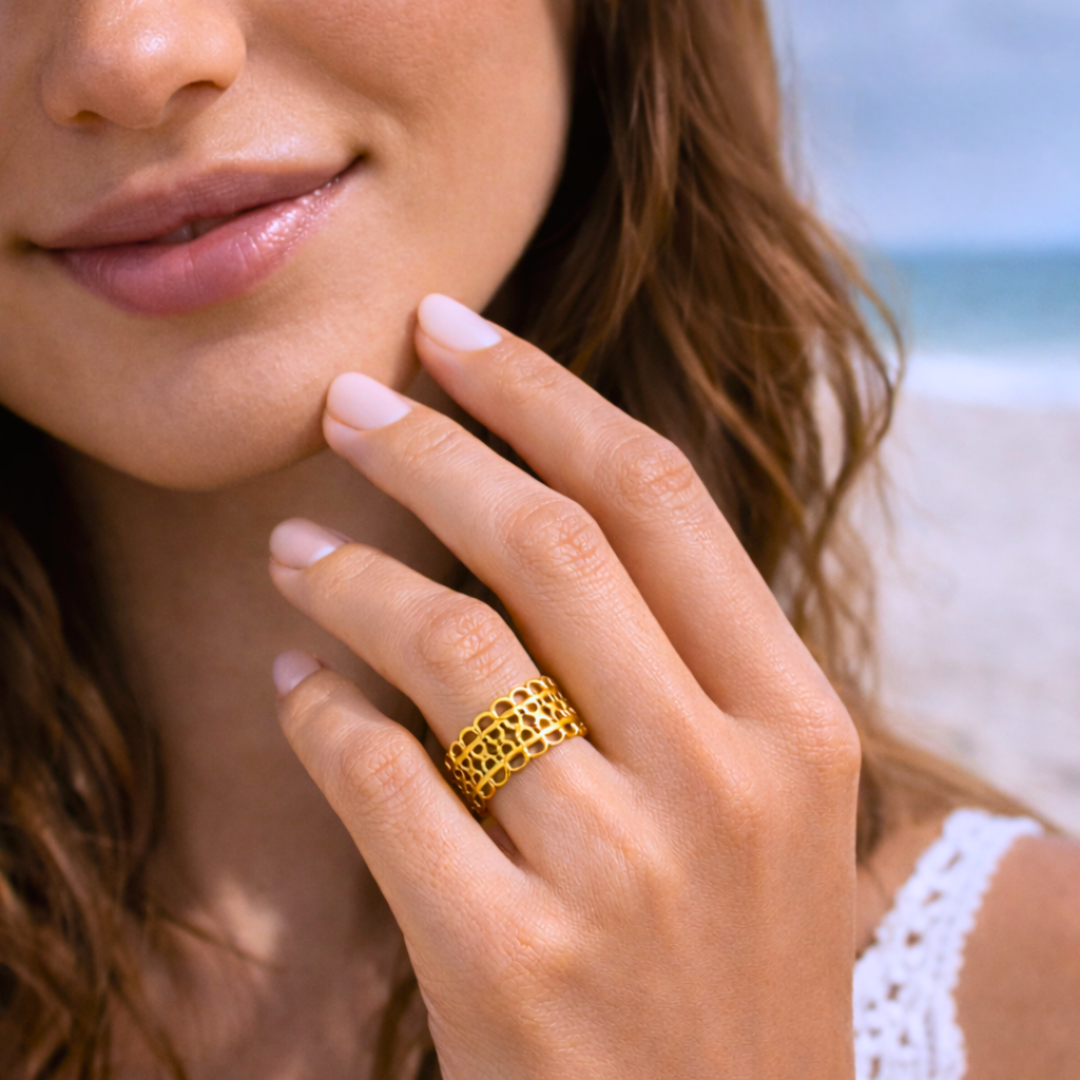 Bague ALEXANDRA - Bijou inoxydable plaqué or aux motifs géométriques ajourés