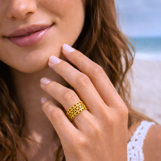 Bague ALEXANDRA - Bijou inoxydable plaqué or aux motifs géométriques ajourés