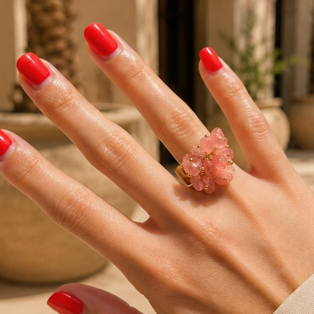 Bague OCÉANE ROSE : Quartz naturel et acier inoxydable plaqué or