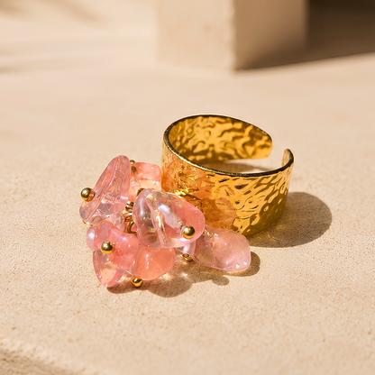 Bague OCÉANE ROSE : Quartz naturel et acier inoxydable plaqué or