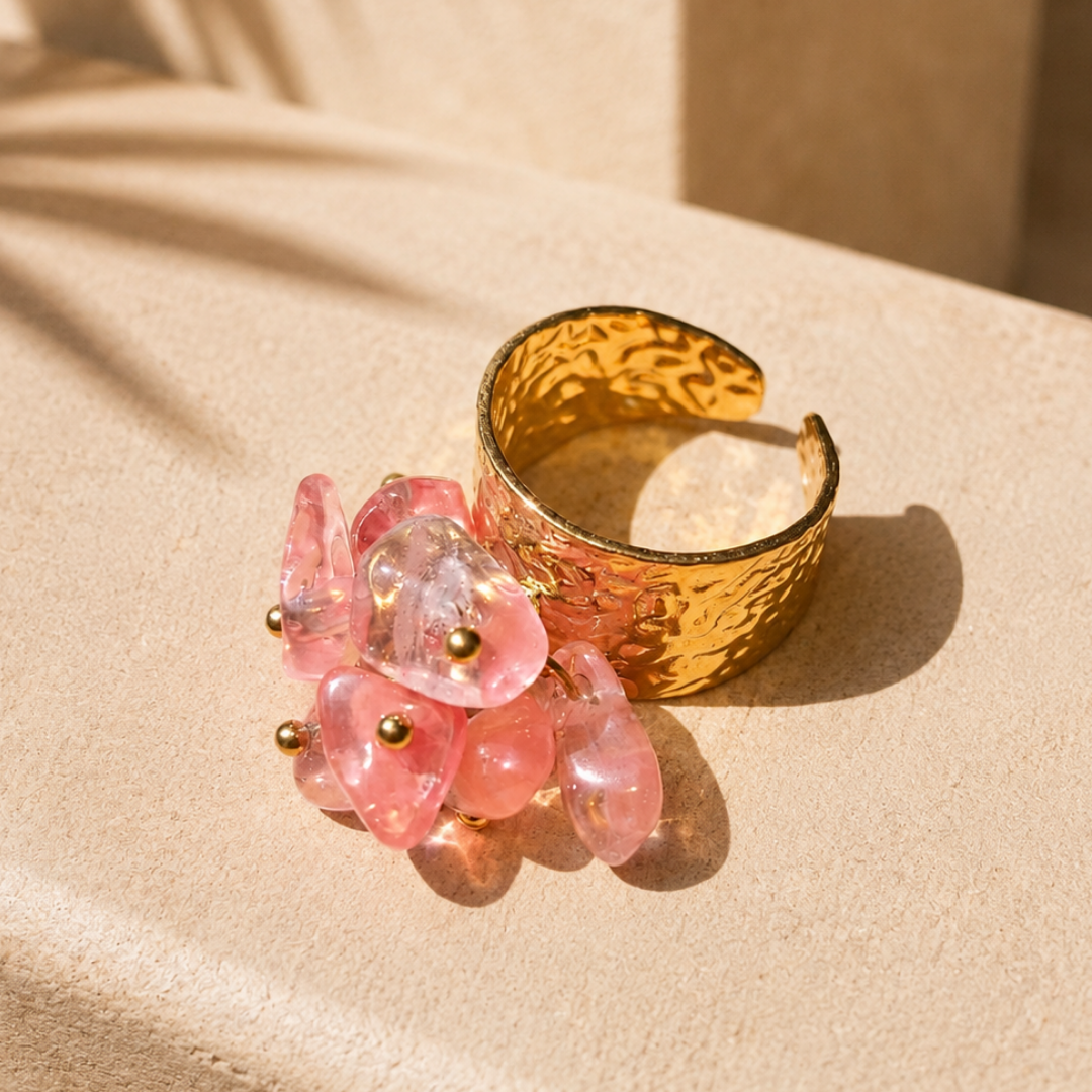 Bague OCÉANE ROSE : Quartz naturel et acier inoxydable plaqué or