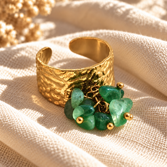 Bague OCEANE Vert - Aventurine naturelle et acier inoxydable plaqué or