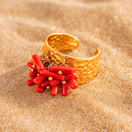Bague OCEANE rouge - Corail naturel et acier inoxydable plaqué or