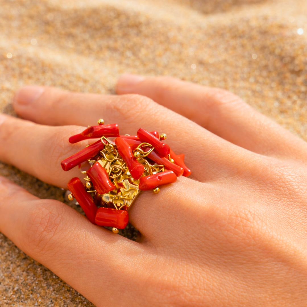 Bague OCEANE rouge - Corail naturel et acier inoxydable plaqué or