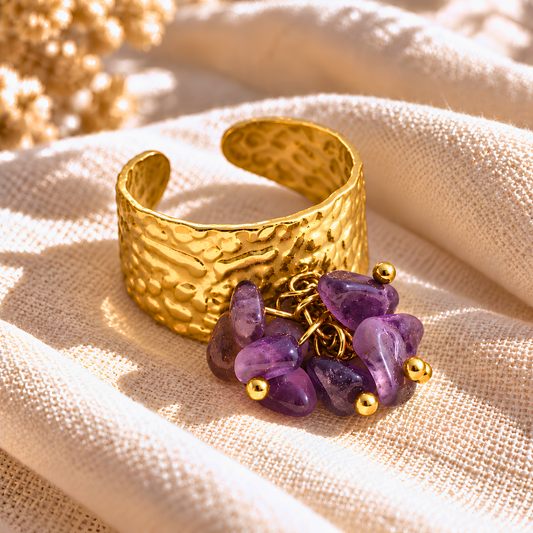 Bague OCEANE violet - Améthyste naturelle et acier inoxydable plaqué or