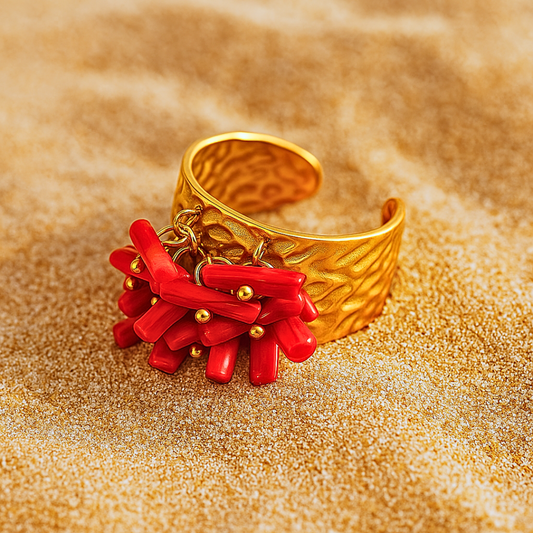 Bague OCEANE rouge - Corail naturel et acier inoxydable plaqué or