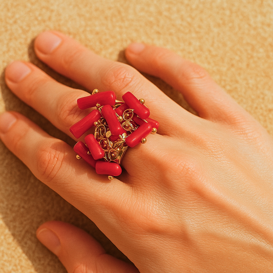 Bague OCEANE rouge - Corail naturel et acier inoxydable plaqué or
