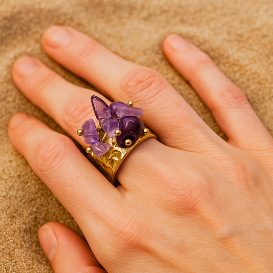 Bague OCEANE violet - Améthyste naturelle et acier inoxydable plaqué or