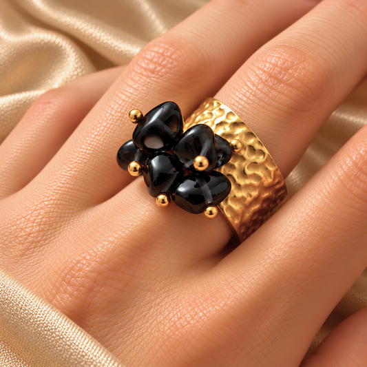 Bague OCEANE Noir - Obsidienne naturelle et acier inoxydable plaqué or