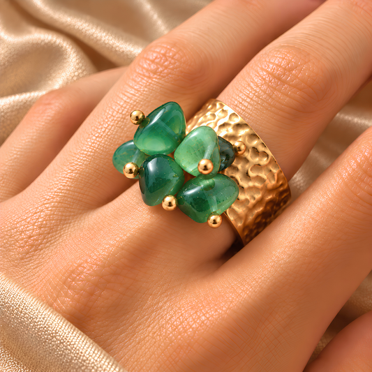 Bague OCEANE Vert - Aventurine naturelle et acier inoxydable plaqué or