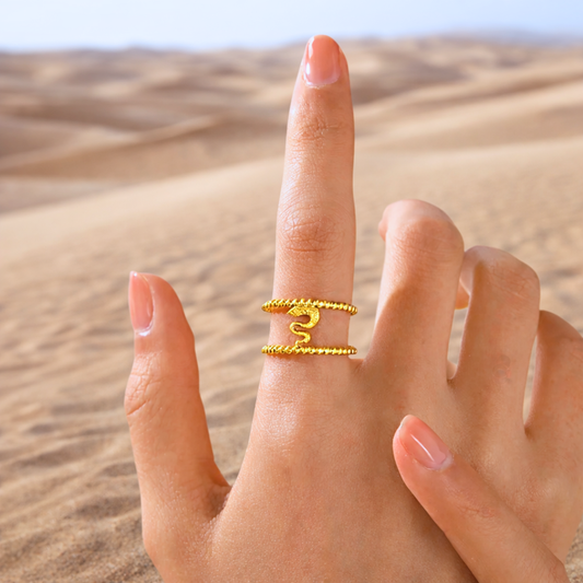 Bague PYTHON - Bijou inoxydable plaqué or aux lignes perlées