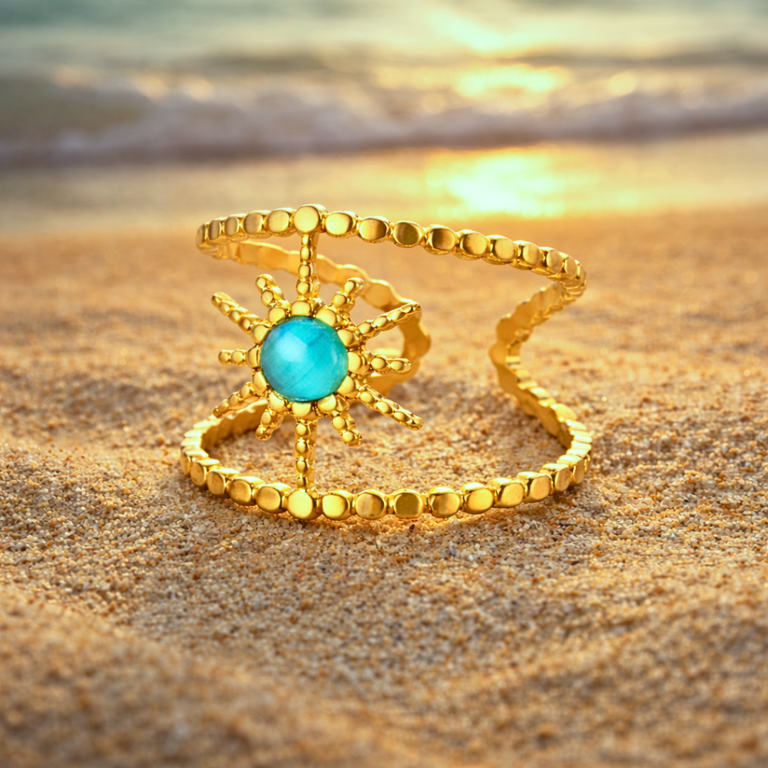 Bague SATURNA - Bijou inoxydable plaqué or et œil de chat naturel