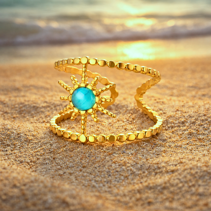Bague SATURNA - Bijou inoxydable plaqué or et œil de chat naturel