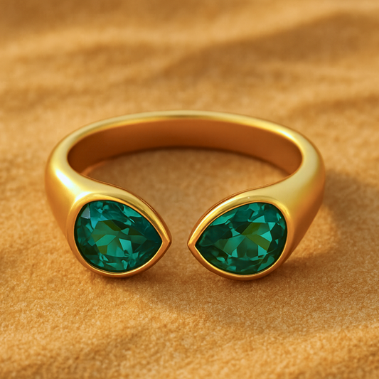 Bague ZIRCONA BLEU - Acier inoxydable plaqué or et zircons naturels