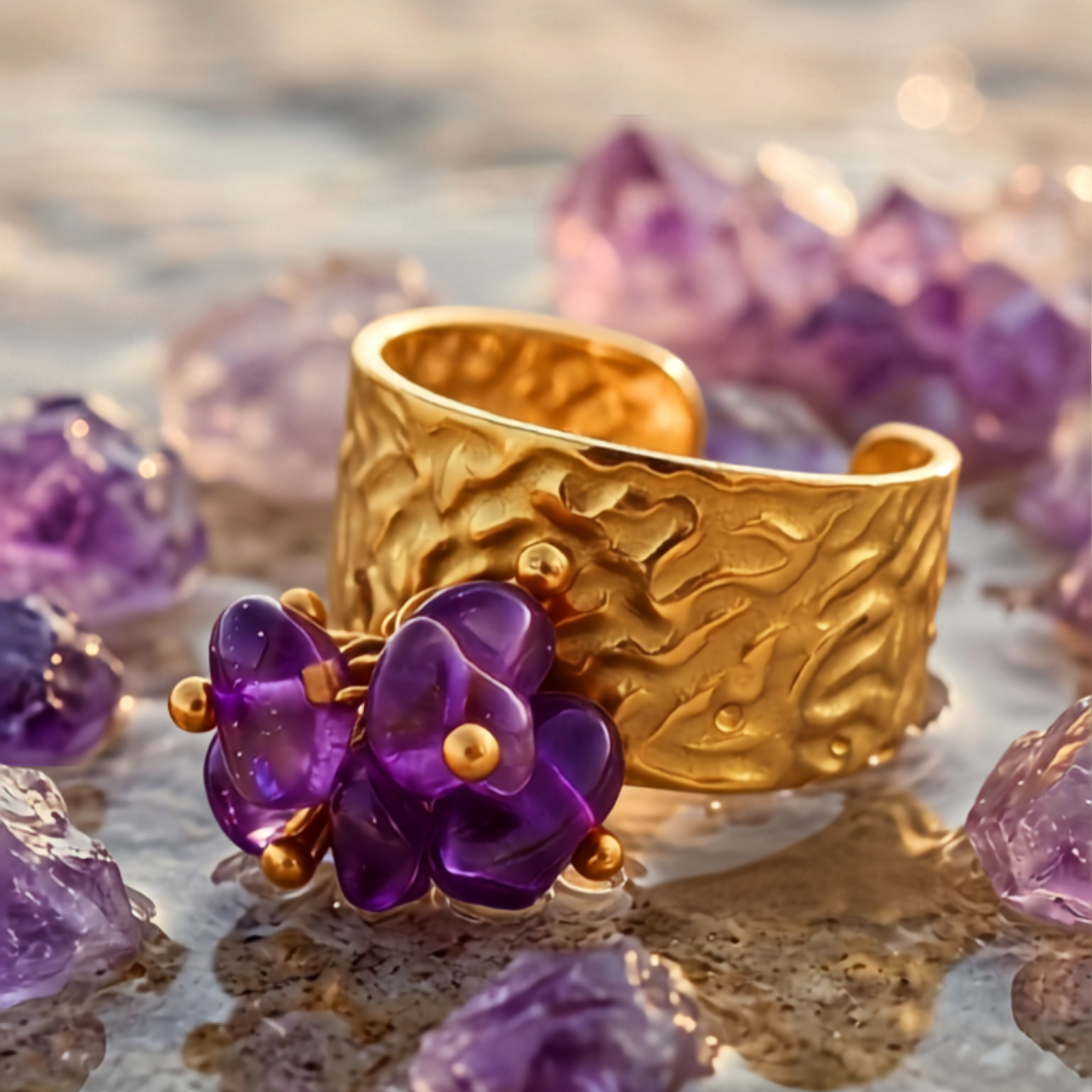 Bague OCEANE violet - Améthyste naturelle et acier inoxydable plaqué or