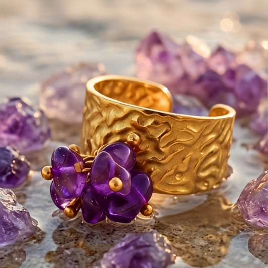 Bague OCEANE violet - Améthyste naturelle et acier inoxydable plaqué or