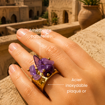 Bague OCEANE violet - Améthyste naturelle et acier inoxydable plaqué or