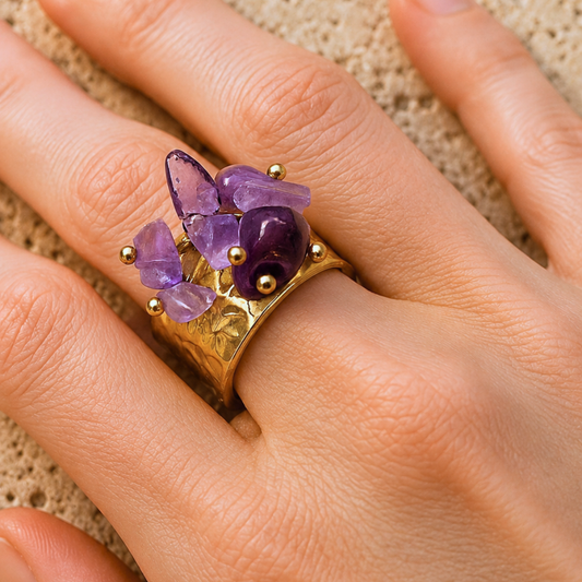 Bague OCEANE violet - Améthyste et acier inoxydable plaqué or