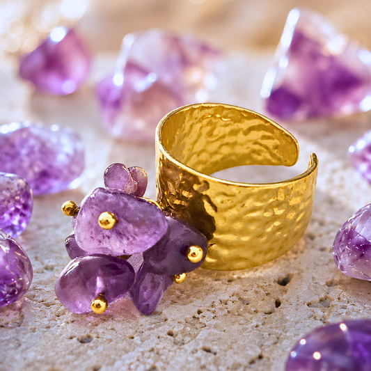 Bague OCEANE violet - Améthyste et acier inoxydable plaqué or