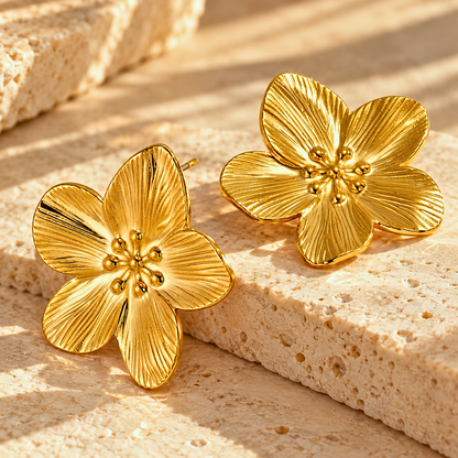 Boucles d'oreilles FLEUR - Motif floral inoxydable plaqué or