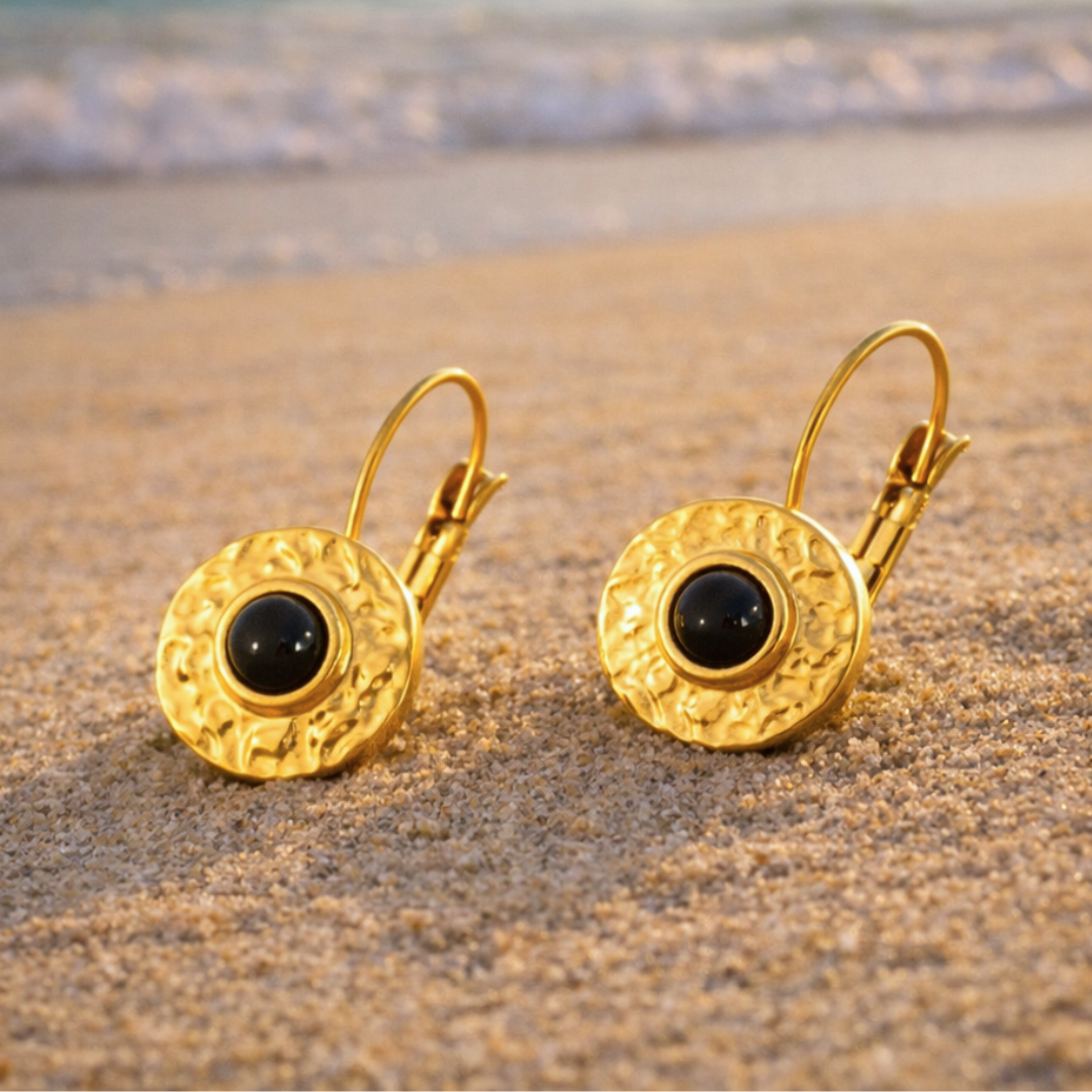 Boucles d'oreilles SIRENE noir - Inoxydables plaqués or et obsidienne naturelle