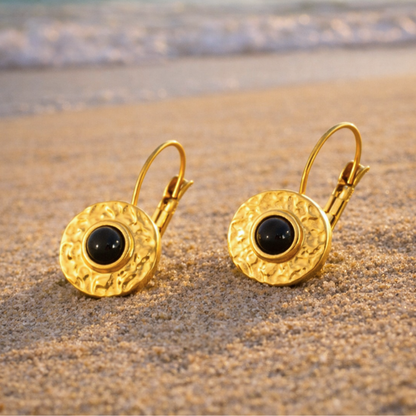 Boucles d'oreilles SIRENE noir - Inoxydables plaqués or et obsidienne naturelle